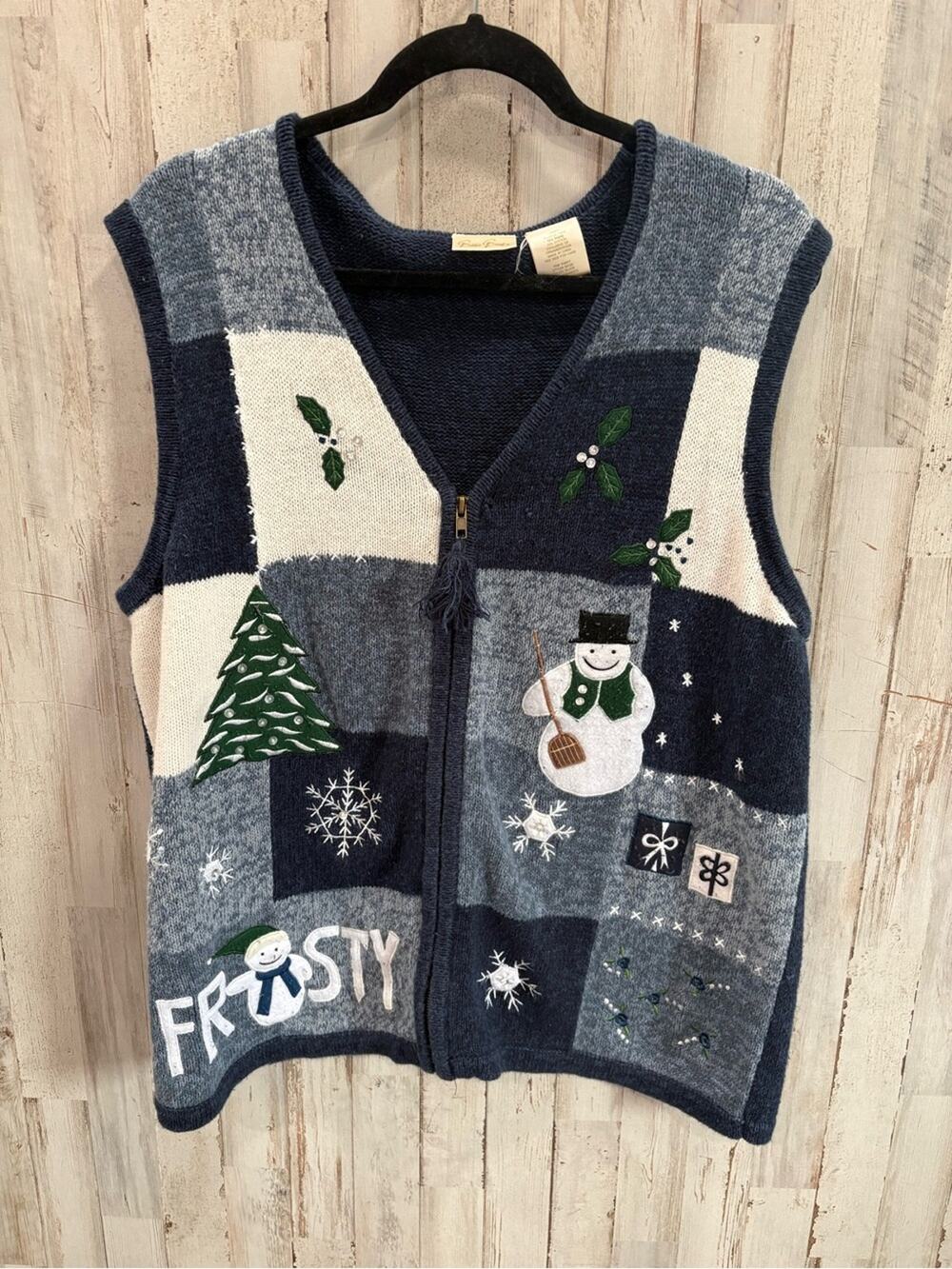 VTG Bobbie Brooks Frosty Snowman Christmas Sweater Vest Blue Zip Front XL Granny
